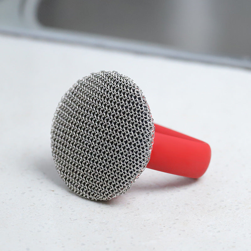 Chainmail Cast Iron Scrubber with Silicone Handle - Red