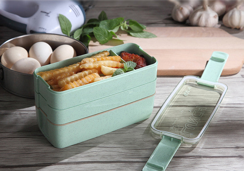 Divided Microwave-Safe Lunch Box with Cutlery - Green