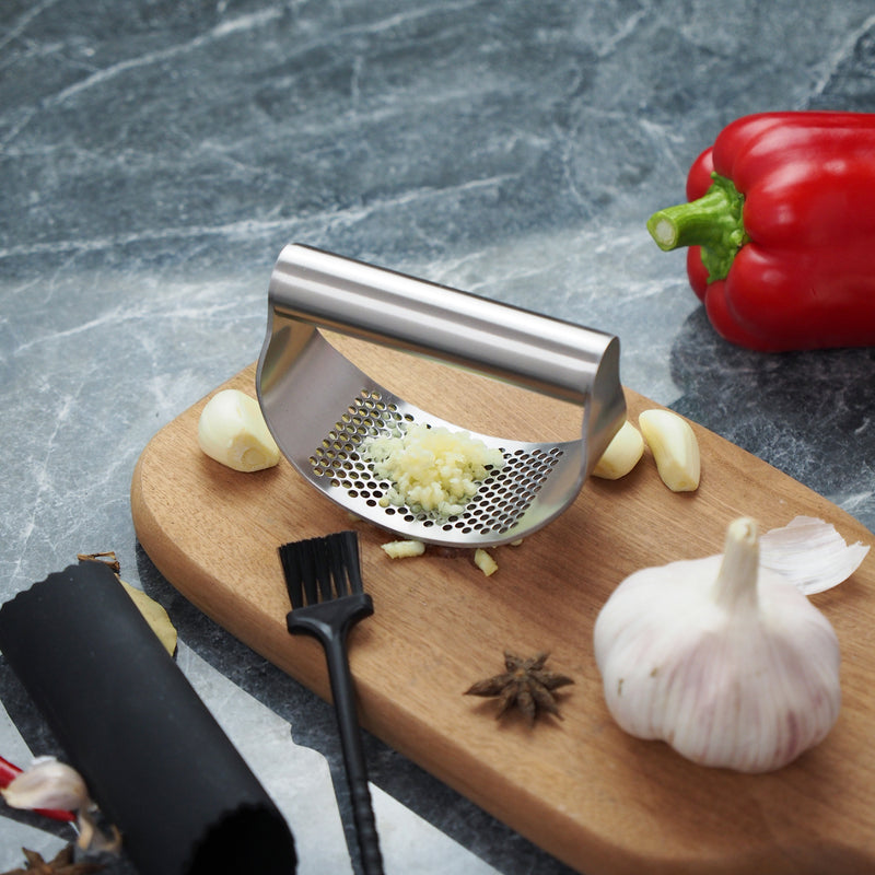 Stainless steel garlic rocker press