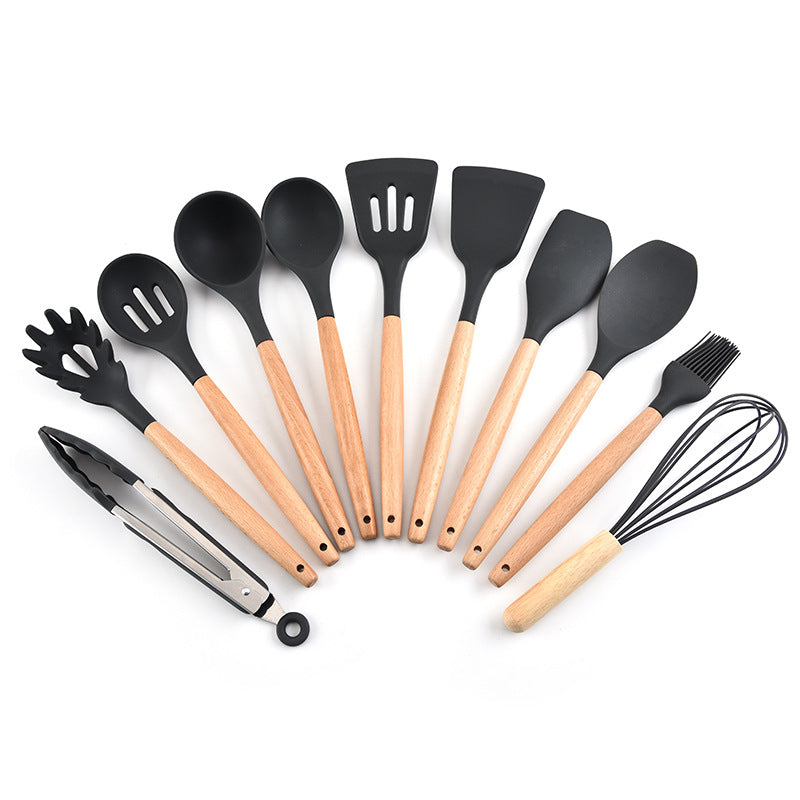 11-Piece Silicone Utensil Set with Wooden Handles - Dark Grey