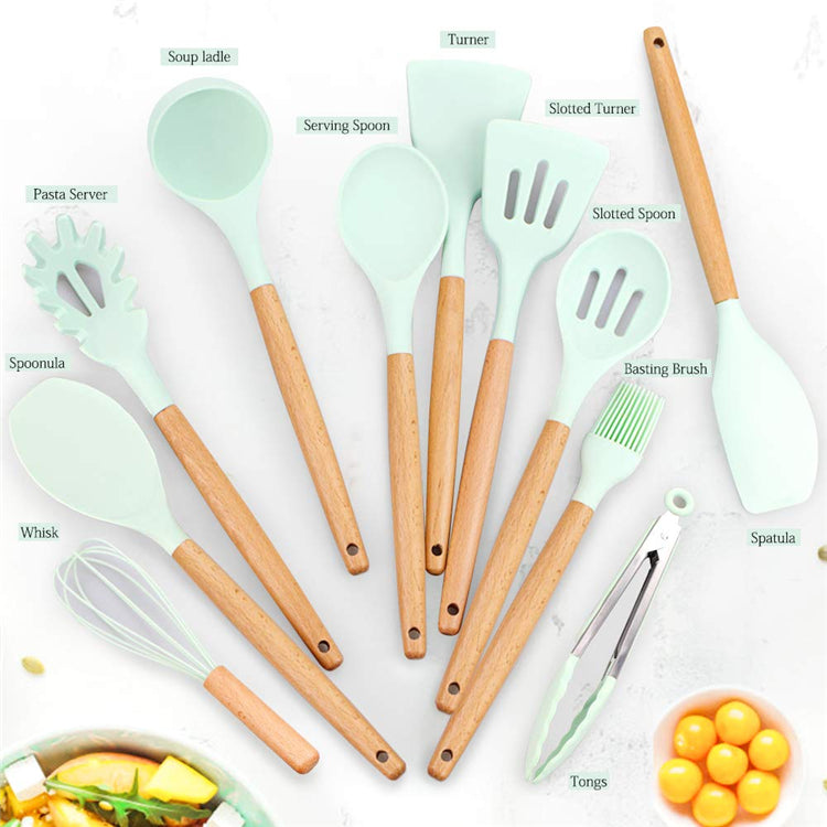 11-Piece Silicone Utensil Set with Wooden Handles