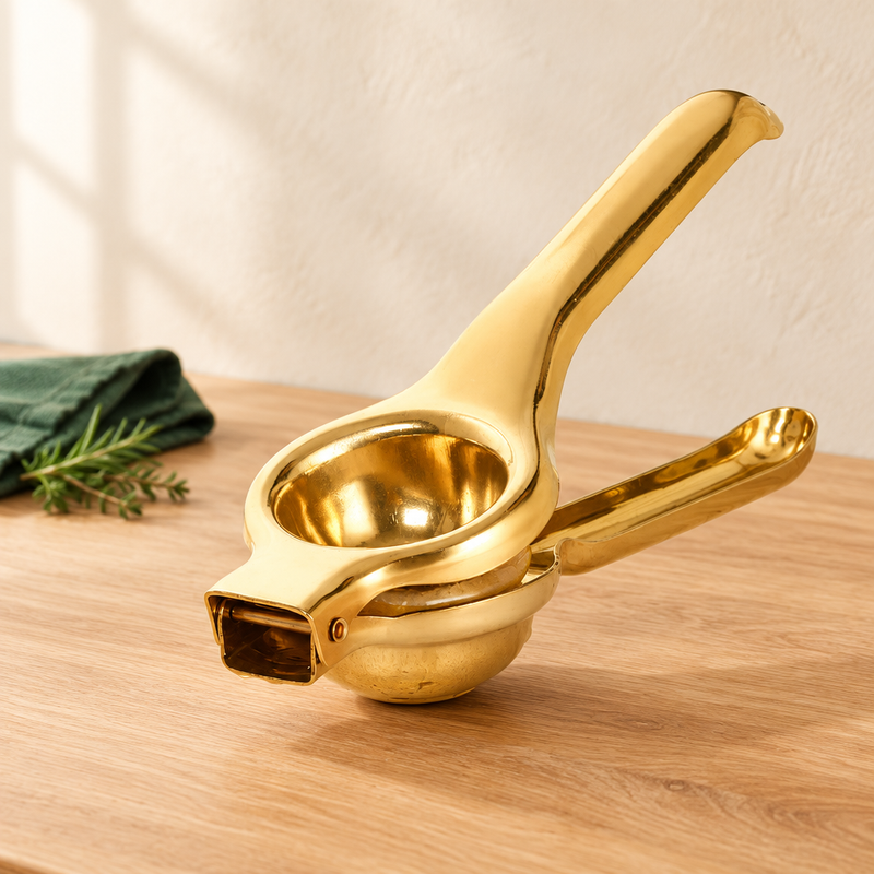 Manual Stainless Steel Juicer on an oak kitchen countertop